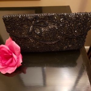 Black satin hand beaded evening clutch bag